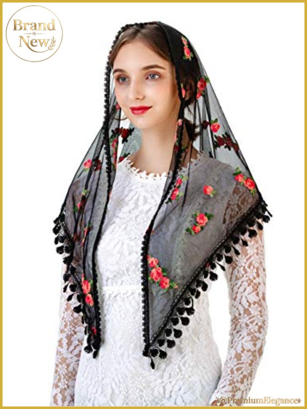 English Net Embroidered Triangle Chapel Veil Mantilla for Latin Mass Church